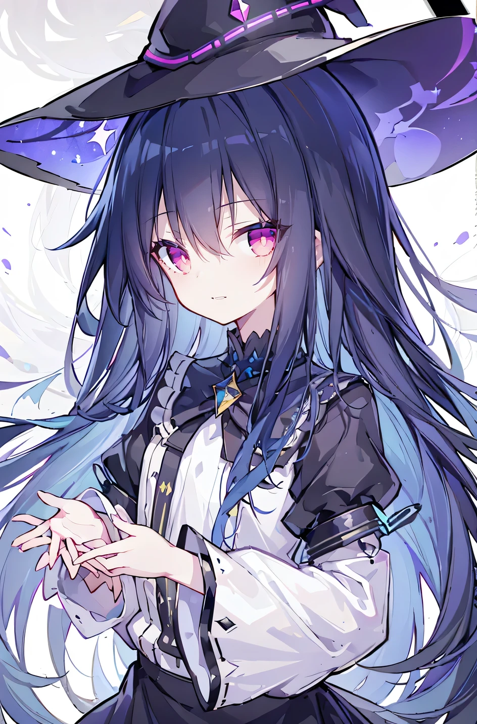 oung Girls,Humanity,A magician always smiles,big witch hat,cute,dark blue long hair,The eyes are dull,The bangs are heavy,Thin eyebrows,fantasy,intake,Double teeth,Star Theme,Constellation pattern,Solid color clothetal decoration,cloak,A bit of a dark atmosphere,A little crazy smile,When the big moon shines outside at night,blood,Hair black star embellishment,Short tie,No nails,High waist skirt,Bell sleeves,Long-sleeved shirt,Black tie,low risk,gentlemen。Mist、Yellow and white effect，Shocking pink as an accent color