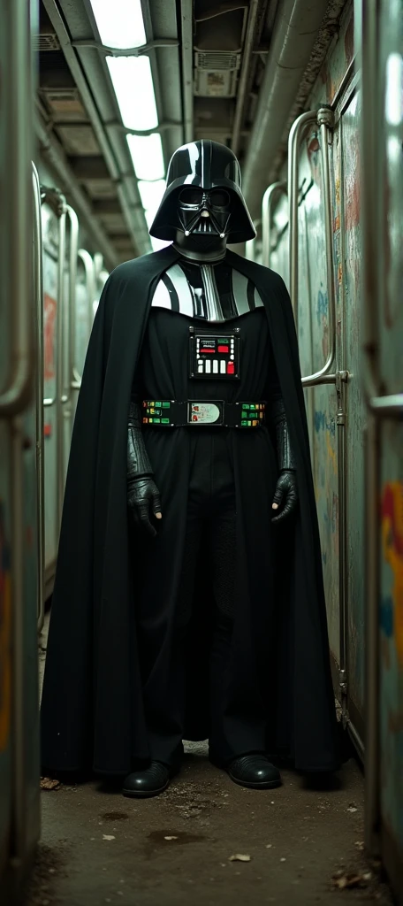 A gritty, award-winning photograph of Darth Vader sitting in a dirty New York subway. The image features a strong vignette effect and a grainy texture, giving it a vintage, cinematic quality. The scene is captured with a Leica M6 camera paired with a Summicron 35mm f/2 lens, known for its sharpness and unique bokeh. The image highlights the contrast between the dark, imposing figure of Vader and the worn, grimy subway setting, creating a surreal, iconic moment