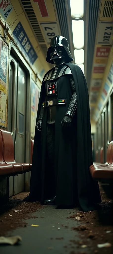 A gritty, award-winning photograph of Darth Vader sitting in a dirty New York subway. The image features a strong vignette effect and a grainy texture, giving it a vintage, cinematic quality. The scene is captured with a Leica M6 camera paired with a Summicron 35mm f/2 lens, known for its sharpness and unique bokeh. The image highlights the contrast between the dark, imposing figure of Vader and the worn, grimy subway setting, creating a surreal, iconic moment