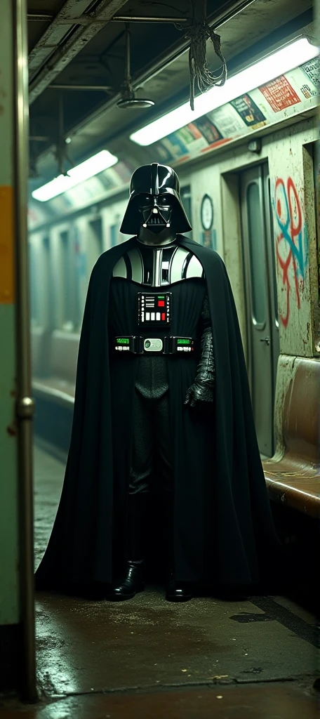 A gritty, award-winning photograph of Darth Vader sitting in a dirty New York subway. The image features a strong vignette effect and a grainy texture, giving it a vintage, cinematic quality. The scene is captured with a Leica M6 camera paired with a Summicron 35mm f/2 lens, known for its sharpness and unique bokeh. The image highlights the contrast between the dark, imposing figure of Vader and the worn, grimy subway setting, creating a surreal, iconic moment