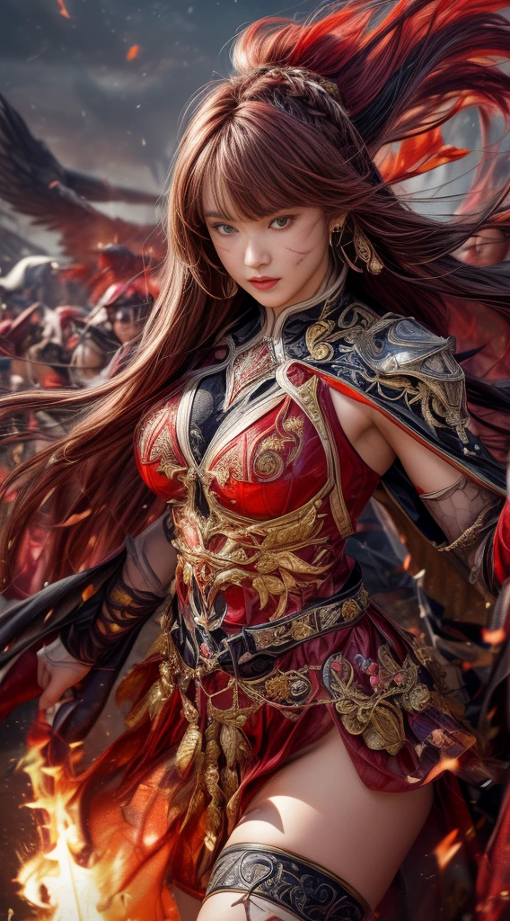 Very beautiful woman、Slender women、(Detailed face)、Realistic Skin、((Knight of Fire)), (((Red Armor:1.25)))、((((Black armor with very fine and intricate decoration))))、((Delicate photo))，(Girl Astepeace RAW Photo Details:1.25), (highest quality:1.6), (超A high resolution:1.5), (Realistic:1.75), 8K resolution, Canon EOS R5, 50mm, Absurd, Ultra-detailed,Cinema Lighting,Battlefields of Medieval Europe、((battle))、RPG World、Final Fantasy、(((Embellished skirt)))、Thigh-high socks、Shin Guards、night、((too long bangs))、((One long thick dark red hair braid))、Get six-pack、Torn Cloak、Beautiful Armor、(((Giant Sword)))、In combat、The wind is blowing、(((Inferno filling the entire area)))、(((Leading a large group of red knights)))、(((Knight Commander)))、Armor with a Phoenix motif、Old scar on right cheek:1.2、((Fire blaze))