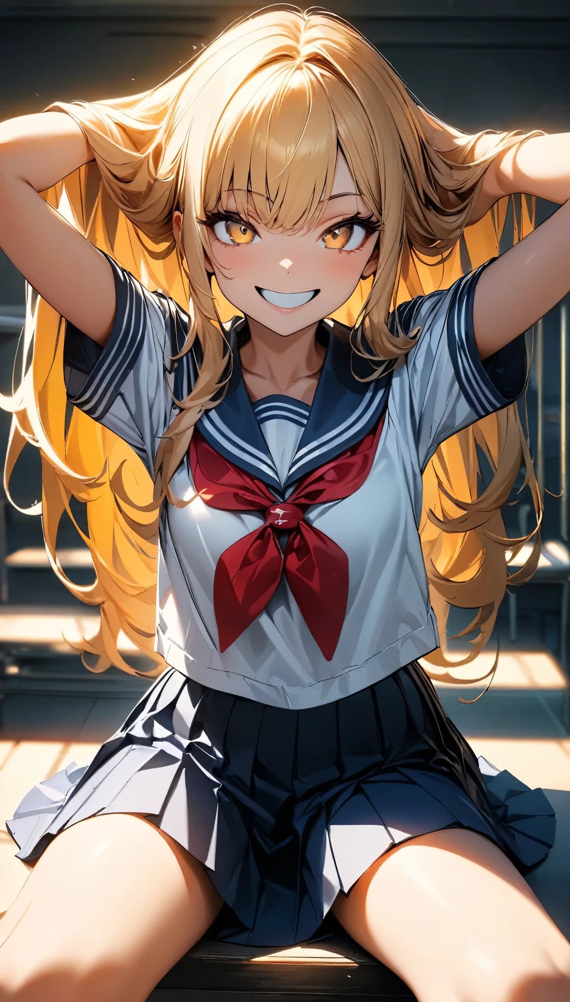 (Highest quality:1.2, Very detailed, up to date, Vibrant, Ultra-high resolution, High Contrast, masterpiece:1.2, Highest quality, Best aesthetics), (((1 person))), Golden Hair Girl, pale golden eyes, crazy smile, Sailor suit, Pleated skirt, Hands behind the head, please sit down, Strike a Pose, photo shoot, School classroom, Sharp focus, Gazing Eyes, Beautiful Skin, Glowing Skin, Perfect Fingers, Five Fingers, Anatomically correct, Background Blur.