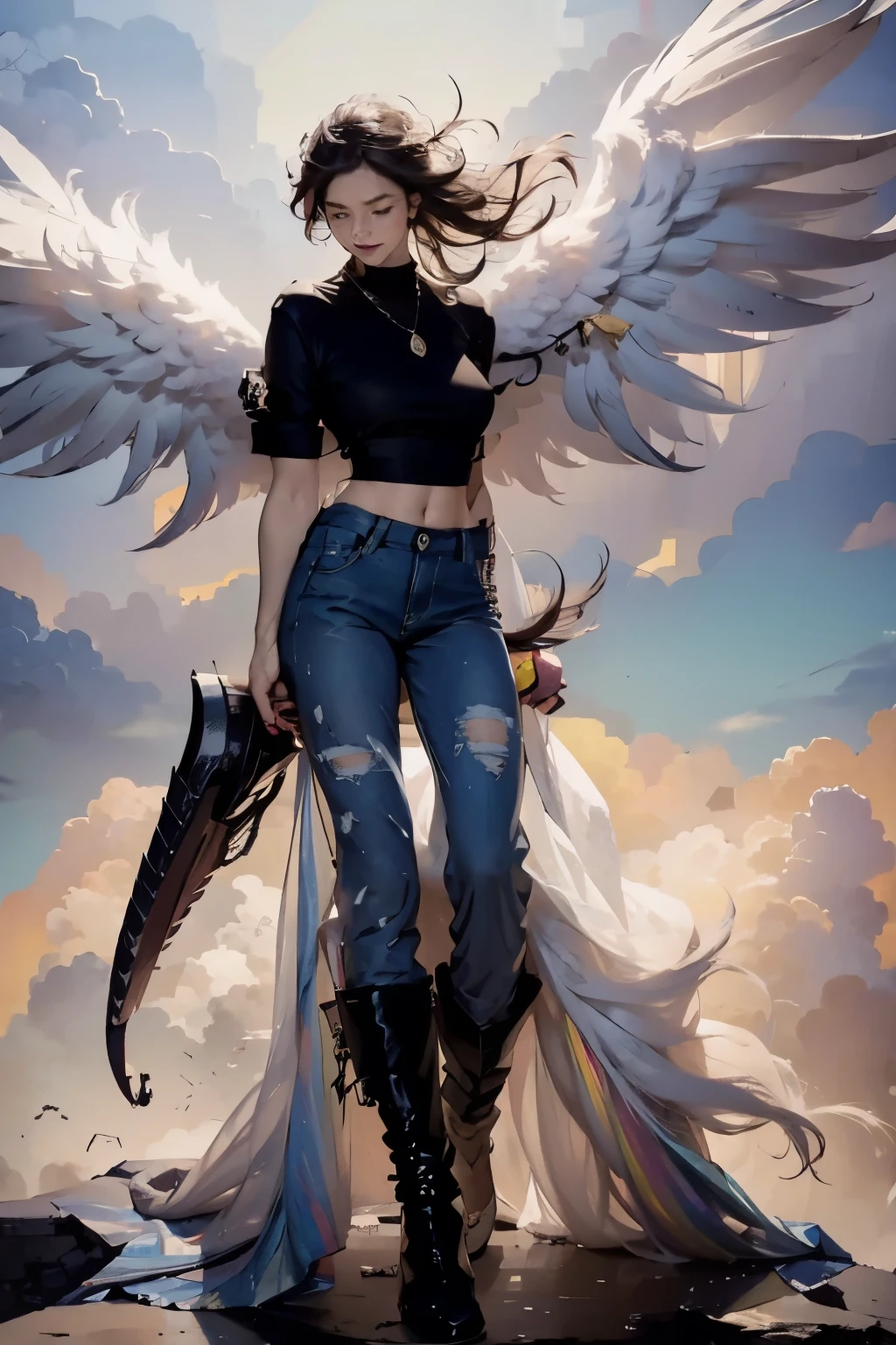 Female angel, motorcyclist, Linda, motorcycle jacket, jeans, chapeu de cowboy, two pairs of huge wings, posing for the photo, designed by alan moore