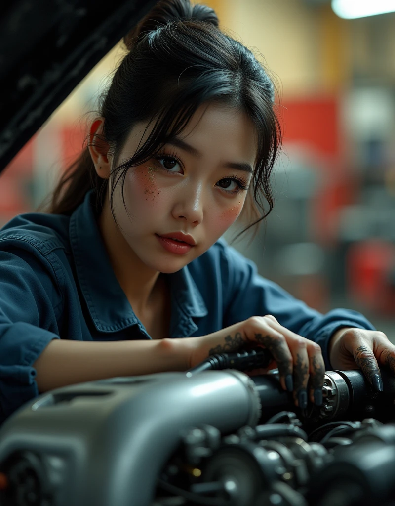 high quality, 8k, photorealistic, 1girl,asian female car mechanic, see-through white shirt, detailed facial features, beautiful eyes, long eyelashes, glossy lips, grease on face, working on car engine, detailed machinery, industrial setting, warm lighting, depth of field, cinematic composition