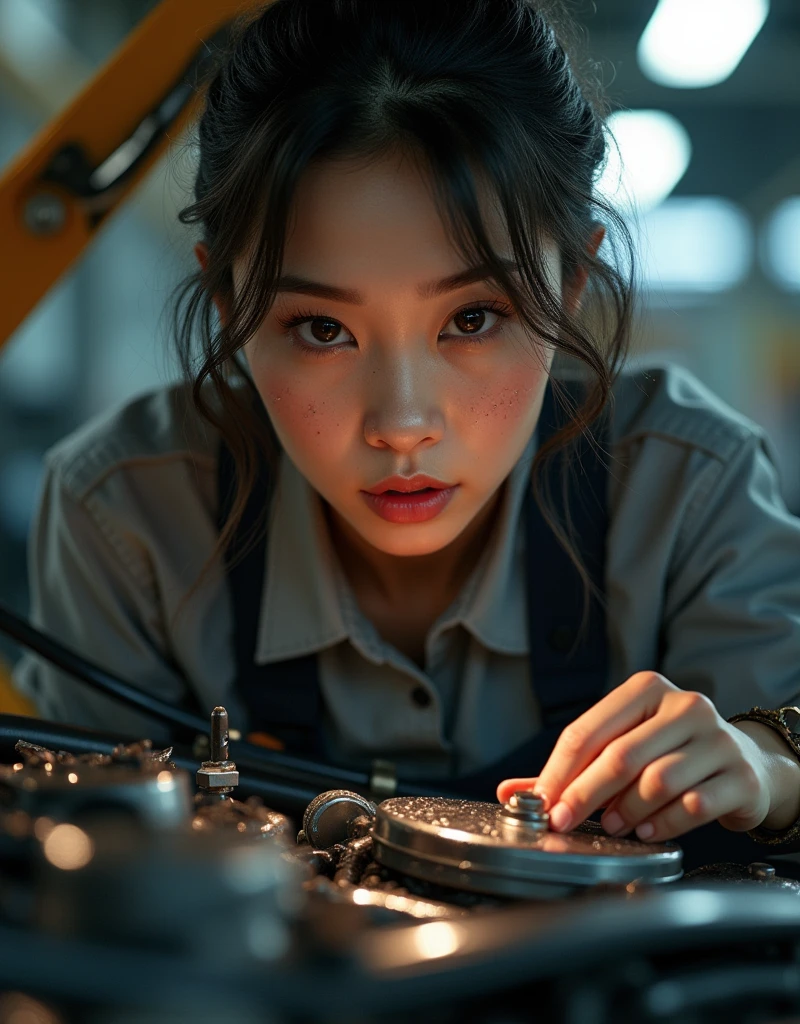 high quality, 8k, photorealistic, 1girl,asian female car mechanic, see-through white shirt, detailed facial features, beautiful eyes, long eyelashes, glossy lips, grease on face, working on car engine, detailed machinery, industrial setting, warm lighting, depth of field, cinematic composition