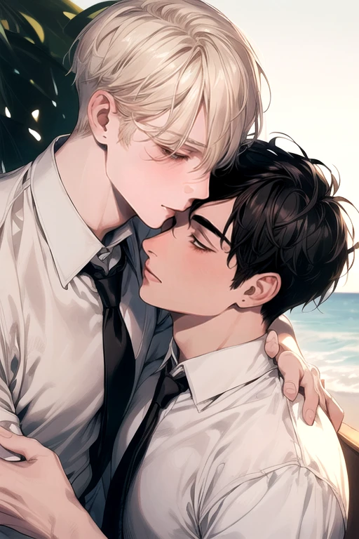 (Masterpiece), (Best Quality), Very detailed, (( a couple gay guy )), Perfect Face, Beautiful Face, Very detail, (short Black-haired man), (long tie blonde-haired man)、white shirt、kiss, love, chocolate, long eyelashes, in beach, effection
