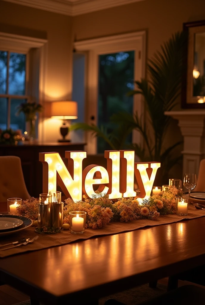 Event centerpiece with illuminated letters that say Nelly on top of a table in a house