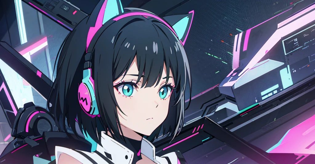 Shortcuts, Black Hair, Bob Hair, Large Breasts, Cat ear headphones, Character portrait, Decorative art, Full body of one person, neon