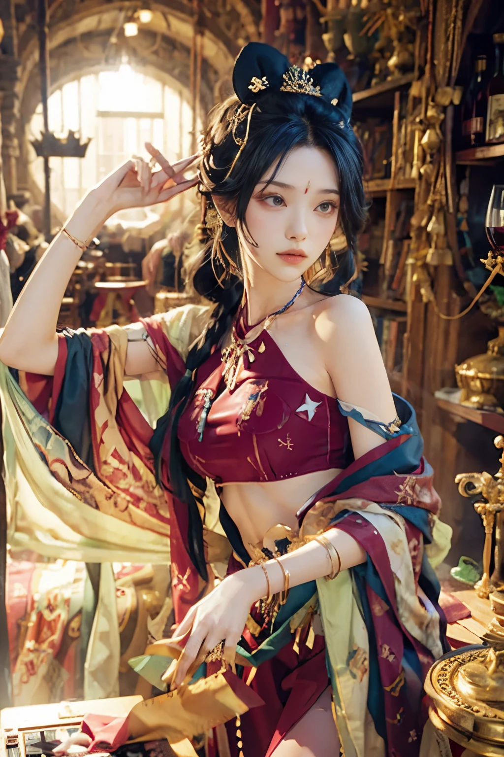 Best quality, masterpiece, ultra high res, raw photo, beautiful and aesthetic,deep shadow, dark theme,(ultra detailed:1.3),
1girl, sitting pose, flower headdress, full of curtain, drill hair, long hair, blonde hair, gradient hair, yellow eyes, solo, huge breasts, big hair, blue hair, divine goddess, looking at viewer, chinese city, Chinese theme, Chinese style, indoors, bedroom, astraea, full body, sabai dress,
strapless thai traditional dress,
thai traditional skirt
