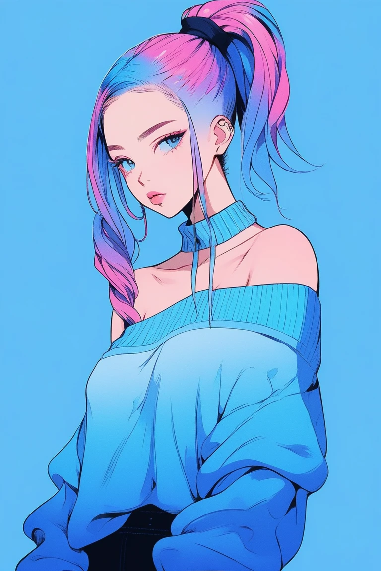 Illustrator, anime , Realistic ,sketch , 1 person, ,lip, Off-the-shoulder sweater, (((whole body))), order, Blue gradient background, Neon Ponytail Hair,Texture Trim, Canadian, (masterpiece,Highest quality) cancer