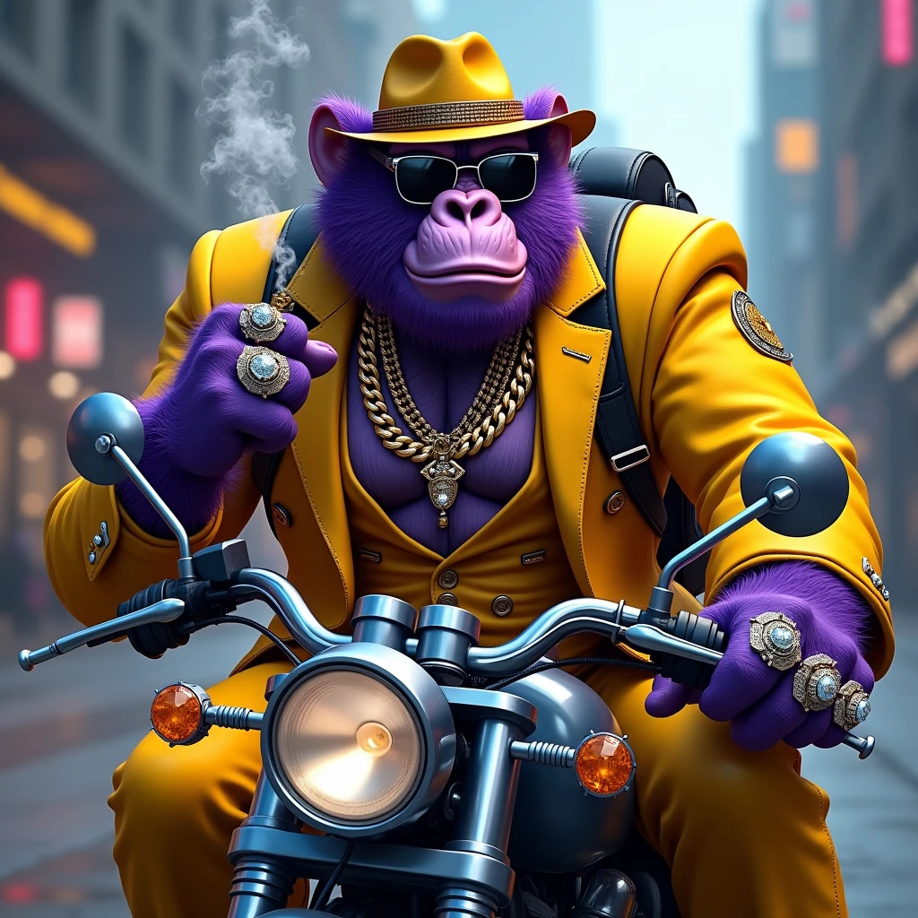 1 purple ape, with a yellow gangster suit with chains, hat and glasses, tattooed, with huge diamond and gold rings, smoking with a pipe, riding a motorcycle with a backpack and a knife in one hand