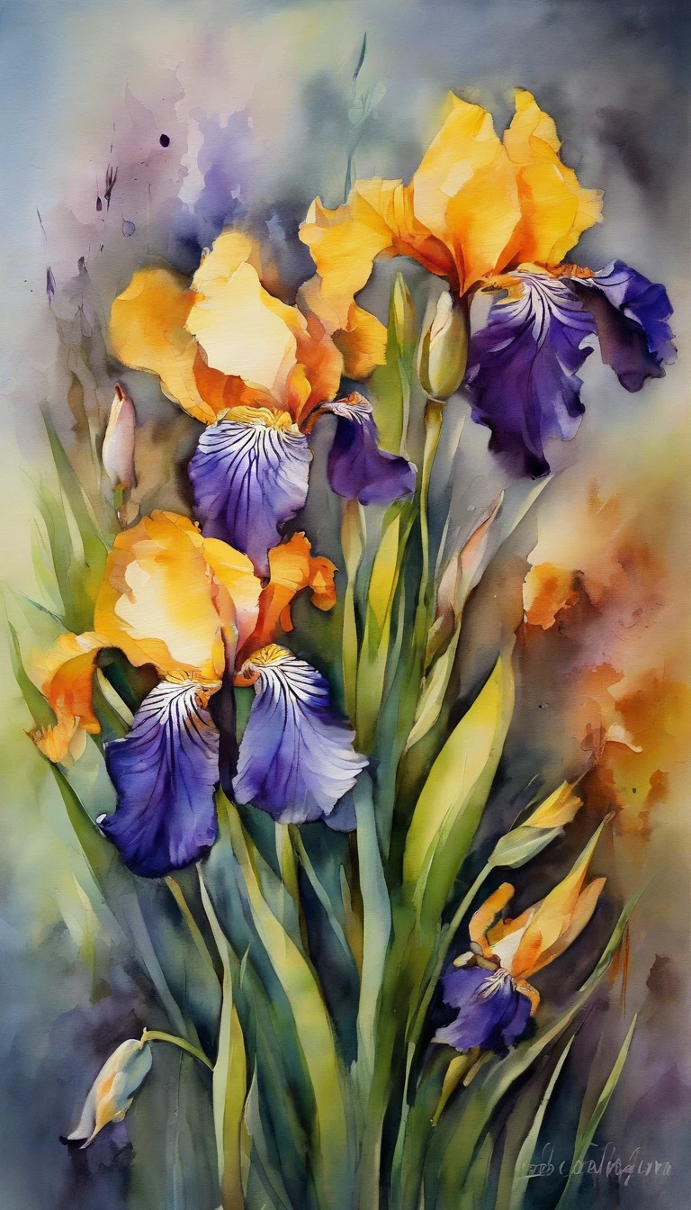 ((materpiece)), ((best quality)), ((high-res)), ((Ink wash)), ((artist)), ((extremly details)), beautiful iris flowers, neon colors