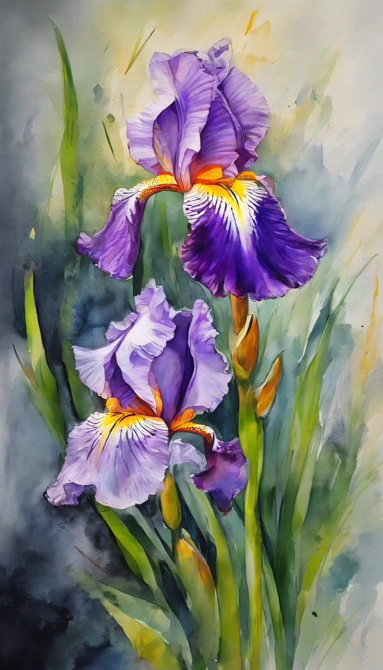 ((materpiece)), ((best quality)), ((high-res)), ((Ink wash)), ((artist)), ((extremly details)), beautiful iris flowers, neon colors