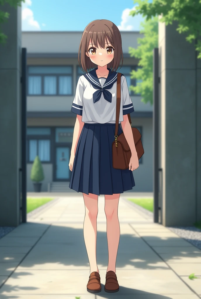  front view, looking at viewer, Full body , standing pose,  Japanese  JK Girl , (16 year-old),(Detailed face, Beautiful brown Eyes, Light brown straight middle hair, fringe, small lips little smile), (C cup  breasts, Slender Hoist, middle Hip) ,(High school uniform, cute Sailor suit , Navy blue gather middle skirt, summer style), brown leather shoes, brown school bag,  front school gate , background high-school building,  (masterpiece, highest quality, High resolution, Photo realistic, sharp, RAW Photos, 8k wallpaper, perfection, Professional Lighting, Very detailed),
