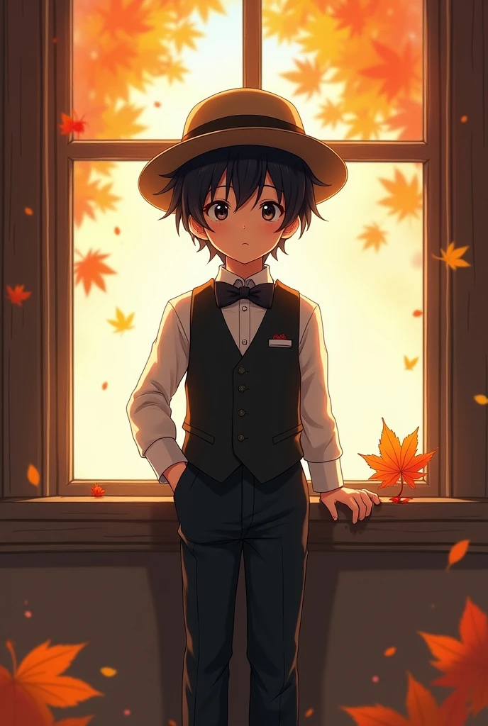 solo,black hair,1boy,hat,bow,male focus,pants,bowtie,vest,window,leaf,hand in pocket,autumn leaves,male child,