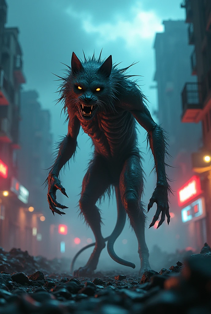 Cat , dog , mixe monster, glowing, sky, building, glowing_eyes, smoke, outdoors, blood, zombie, city, teeth, giant