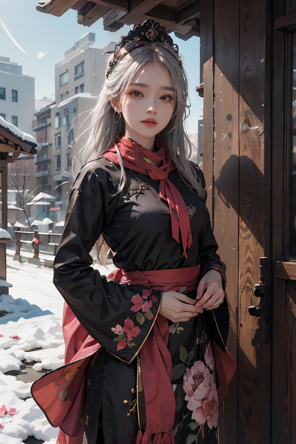 32K,(tmasterpiece,k hd,hyper HD,32K)Long flowing black hair,zydink, a color, Xuzhou people (Seduce girls), (Red scarf in the snow), Combat posture, looking at the ground,Carp pattern headdress, Chinese long-sleeved silk cheongsam, (Abstract gouache splash:1.2), Pink petal background,Tulips flying(realisticlying:1.4),Fallen leaves flutter, A high resolution, the detail, RAW photogr, Sharp Re, Nikon D850 Film Stock Photo by Jefferies Lee 4 Kodak Portra 400 Camera F1.6 shots, Rich colors, ultra-realistic vivid textures, Dramatic lighting, Unreal Engine Art Station Trend, cinestir 800,Long flowing pink silver hair,see-through transparent clothes,