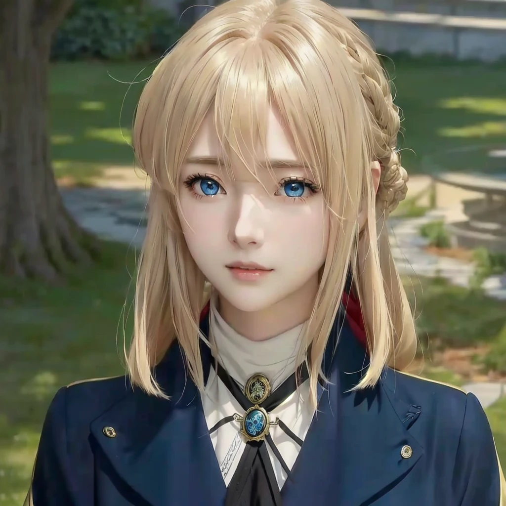 She's wearing a red ribbon, a blue jacket, and has blonde hair and blue eyes., Violet Evergarden, female , Young woman visual, , Anime portrait of Shiina Ringo,  An anime character named Lucy,  Cute anime visuals, Anime Best Girl