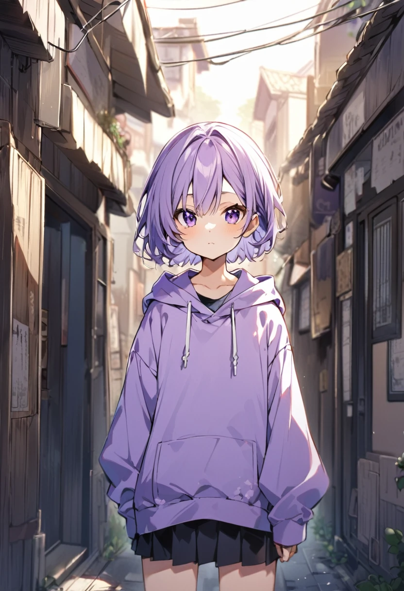 Keito。Light purple hair。Purple before。Lavender Hoodie。Black short skirt。