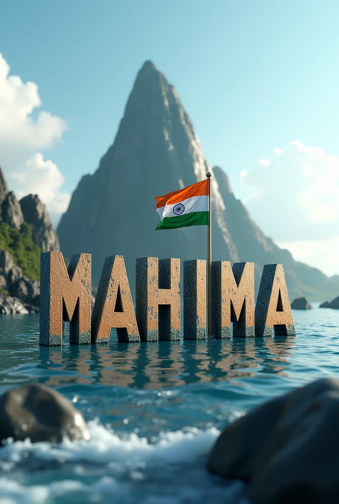 Name “MAHIMA” real 3D sea mountain background with big Indian flag , wood text capital , stone peal. stylish in front 3D rendering, typography, 3d render,