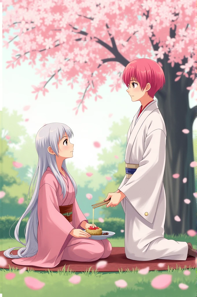 Loose white hair, mole under the lip, a pink kimono, It&#39;s on a cherry tree, meal, is next to a young man, short pink hair, tall in a white kimono