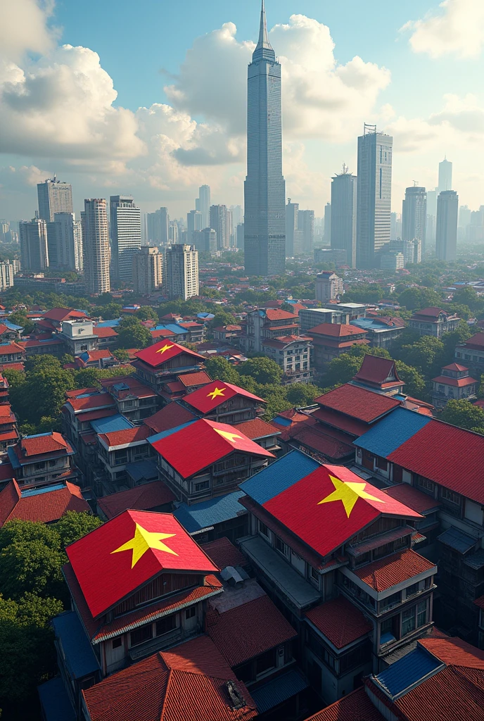 Roofs of some buildings in the city are painted Vietnamese flag.