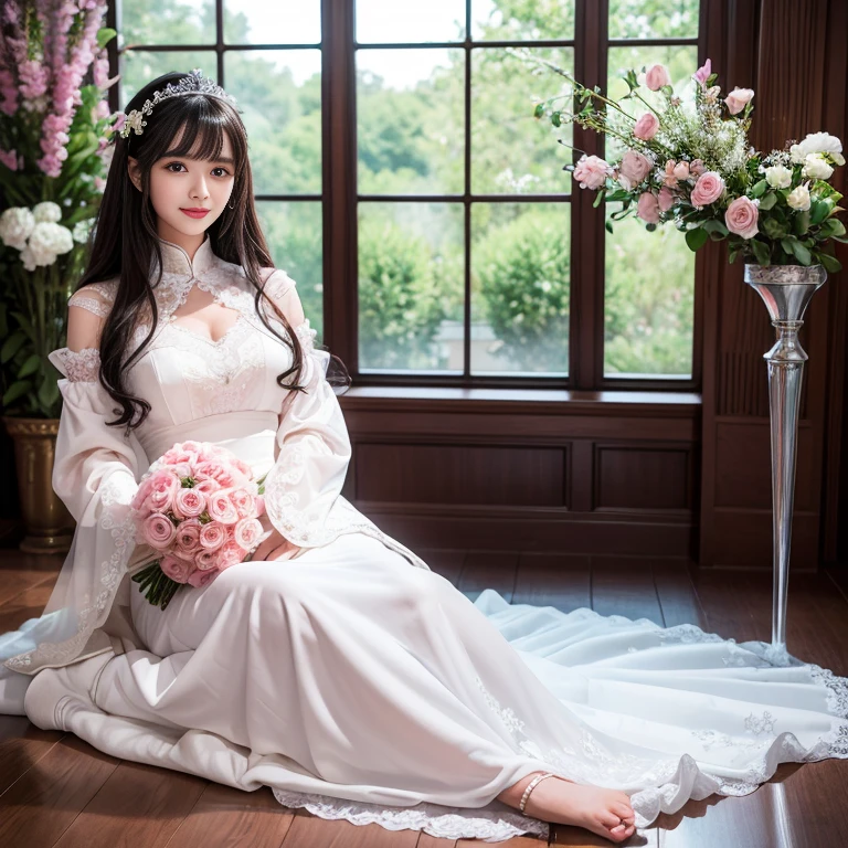 best quality, Delicate face,beautiful visual work, lifelike, eternity, black hair, Long curly hair, blunt bangs, Smile, Detailed Background, Delicate face,pink blush,cold,((masterpiece))、(top quality)、8k、high detail、Super detailed,31 years old female,Seductive and whimsical style、masterpiece、born、Scenes resembling fairy tale illustrations、Intricate details and complex designs、Beautifully、magic、capricious、 Beautifully、Dream aesthetics、「𝓡𝓸𝓶𝓪𝓷𝓽𝓲𝓬、ethereal、charming、fickle、magic」、Realism、Visual effects、FXAA、SSAO、Shaders、voiceless、ambient lighting、Tone mapping、High resolution、Ultra high quality、Million pixels、(8K resolution:1.10)、8k、Below 8K、8K resolution、high detail、intricate details, (high quality:1.2、masterpiece:1.2、:1.21)、(31 years old female:1.21)、(Smile excitedly)、(Surrounded by the dreamy atmosphere、Model diagram,full-body shot,Normal 2 feet,Don't show your fingers,wearing white princess wedding dress, Don’t show your feet, big skirts, princess dress, wedding princess dress, ball gown wedding dress, bride, bridal veil,in the church,Holding flowers in both hands, long skirt, long sleeves,a bride, skirt covers feet.