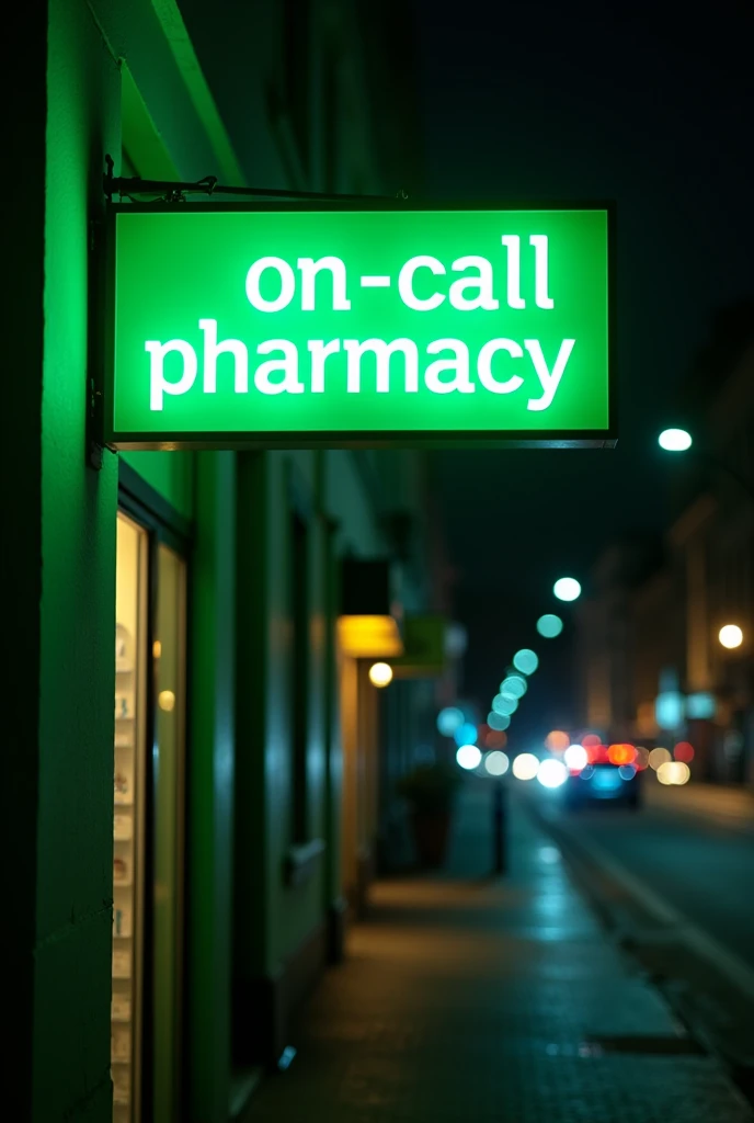 the word in French "on-call pharmacy"  in neon green color