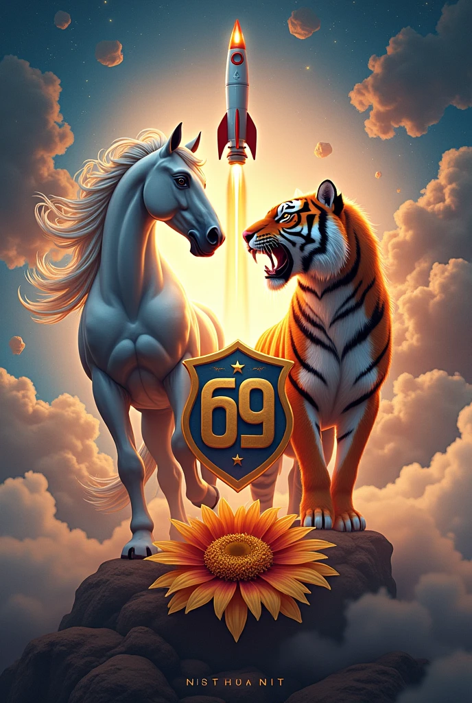 Horse, tiger, rocket, police shield, number 69, Chaiyapruek flower