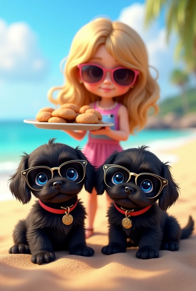 cute adorable 2 black shih tzu puppies with big blue eyes wearing sunglasses, cute blonde girl, extremely detailed, big blue eyes, wearing colorful collar served treats on a platter, 3D Pixar style, at beach, photorealistic, (best quality,8k,highres,masterpiece:1.2),ultra-detailed,(realistic:1.37),HDR,vivid colors,studio lighting