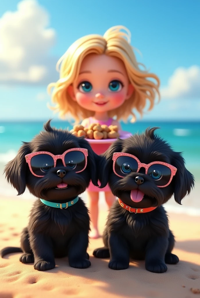 cute adorable 2 black shih tzu puppies with big blue eyes wearing sunglasses, cute blonde girl, extremely detailed, big blue eyes, wearing colorful collar served treats on a platter, 3D Pixar style, at beach, photorealistic, (best quality,8k,highres,masterpiece:1.2),ultra-detailed,(realistic:1.37),HDR,vivid colors,studio lighting