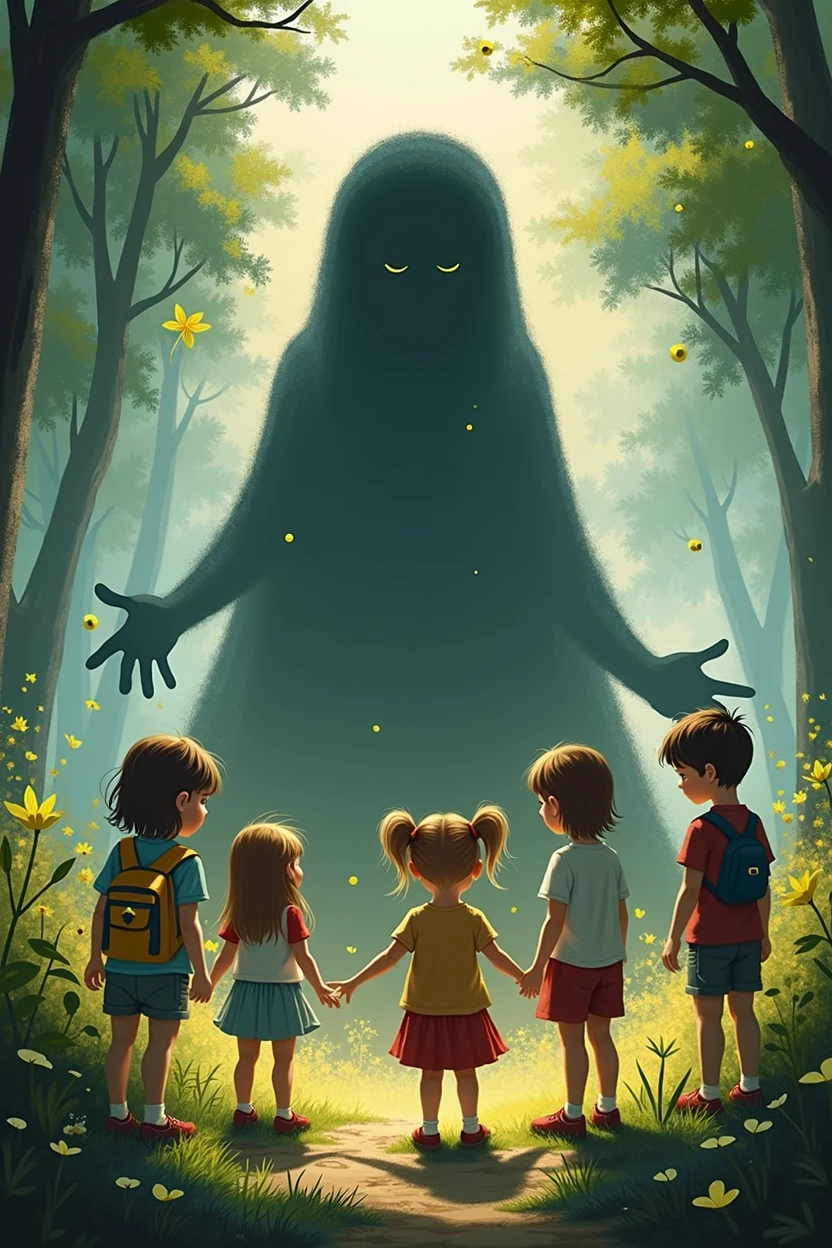 • Prompt: The friends reacting with fear as a ghostly figure or shadowy presence emerges from the darkness. The entity has a menacing, ethereal quality, with glowing eyes or a shadowy form.3boy 2girl forest