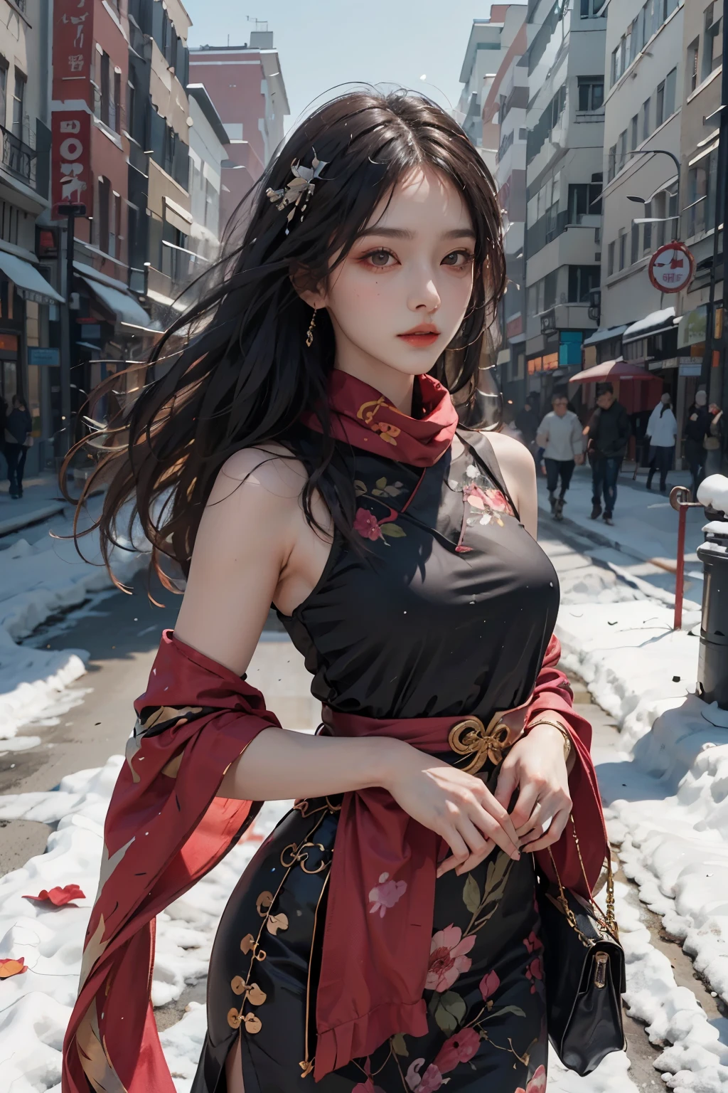 32K,（tmasterpiece，k hd，hyper HD，32K）Long flowing black hair,zydink， a color， Xuzhou people （Seduce girls）， （Red scarf in the snow）， Combat posture， looking at the ground,Carp pattern headdress， Chinese long-sleeved silk cheongsam， （Abstract gouache splash：1.2）， Pink petal background，Tulips flying（realisticlying：1.4）,Fallen leaves flutter, A high resolution， the detail， RAW photogr， Sharp Re， Nikon D850 Film Stock Photo by Jefferies Lee 4 Kodak Portra 400 Camera F1.6 shots, Rich colors, ultra-realistic vivid textures, Dramatic lighting, Unreal Engine Art Station Trend, cinestir 800，Long flowing pink silver hair，see-through transparent clothes,