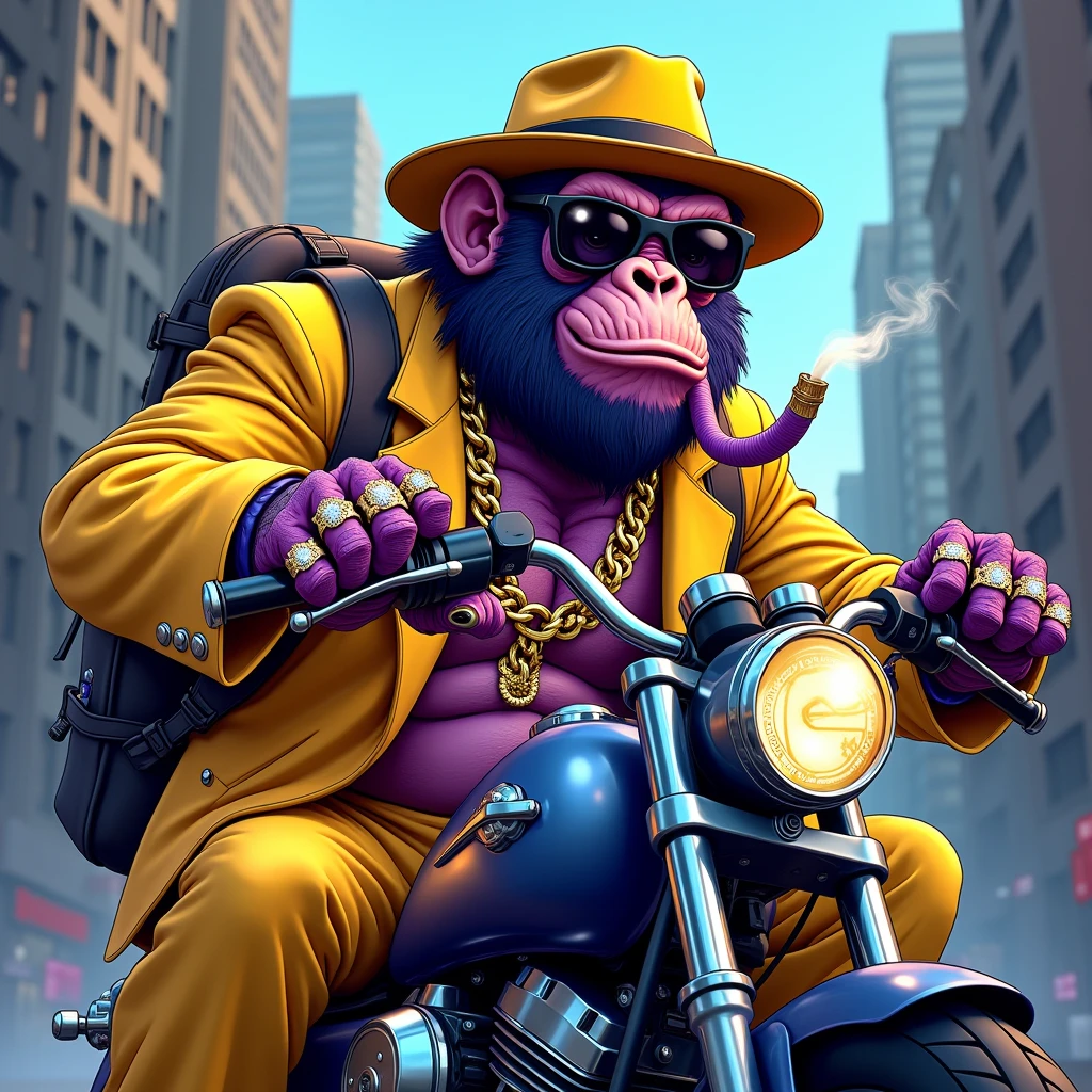 1 purple ape, with a yellow gangster suit with chains, hat and glasses, tattooed, with huge diamond and gold rings, smoking with a pipe, riding a motorcycle with a backpack and a knife in one hand