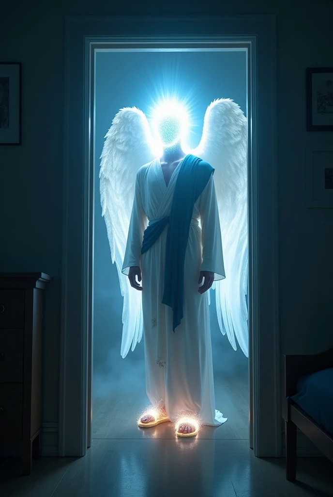 Generate an image of an angel standing in a bedroom doorway, where your head is just a white light, has white robes with blue cloth around it, your blanket goes up to your shins, he is wearing a leather sandal, and from it radiates a white light, leaving the room in darkness.

This figure is masculine, his face is only light, not giving to see even the mouth, neither eyes, nor hair, around him come out rays of white light.

He had no luck, please be more faithful to the description.
