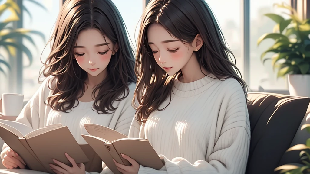 Light Color Palettes,medium front shot, digital art painting . dreaming fresh art style, female office lady, charming relaxing . reading book look at camera freshly green trees leaves swaying morning sunlight hyper ligting insane details background blurry focus on character