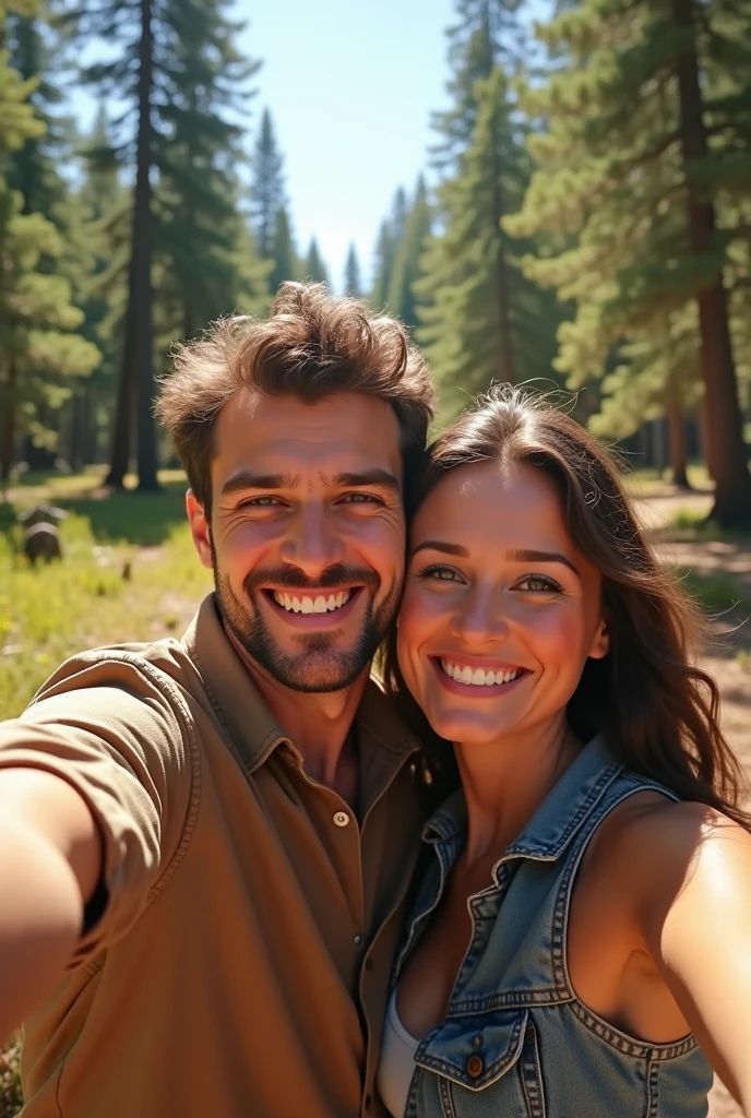 Couple taking selfie in the park，Happy expression，Behind is a pine forest，sunny