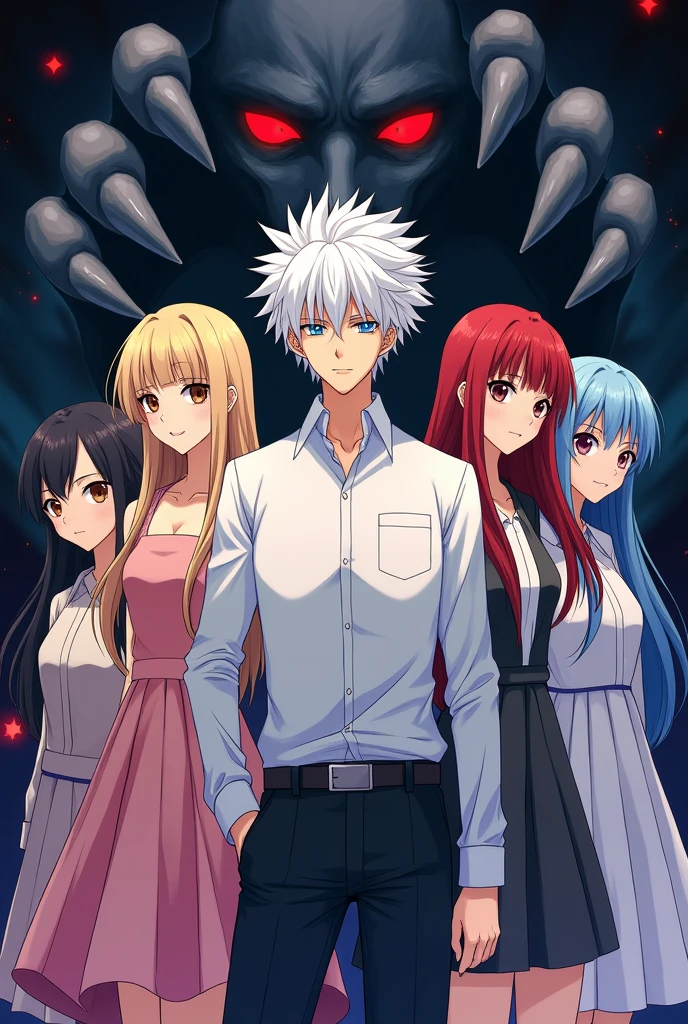 Make a light novel cover, in the center is a male character with white anime hair, Surrounded by a blonde girl, A red-haired girl, one with black hair, One with blue hair and a cute with white hair, in the background of the image there is a malevolent expression as if he wants the bad of all of them, around it you can see shadowy claws targeting them