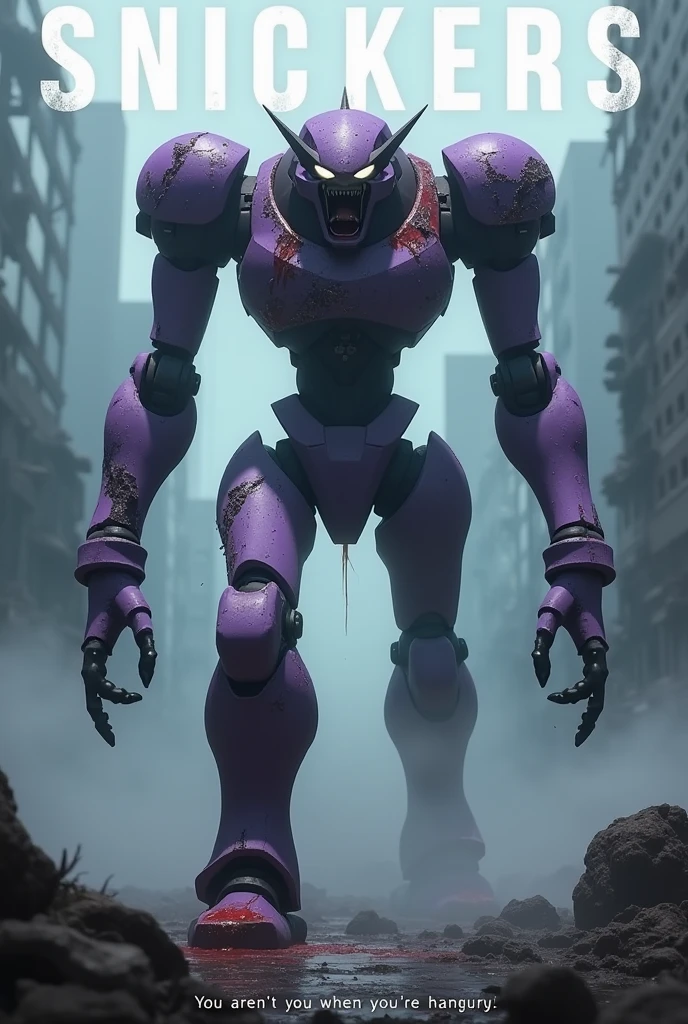 solo,cityscape,destroyed buildings,anime,flesh mutant mecha,2d,intricate linework,full color,cybernetic enhancements,biomechanical flesh robot,flesh machine,mouth open,fangs,scene from neon genesis evangelion, <lora:FleshMonstrosityXLV2:0.65>
