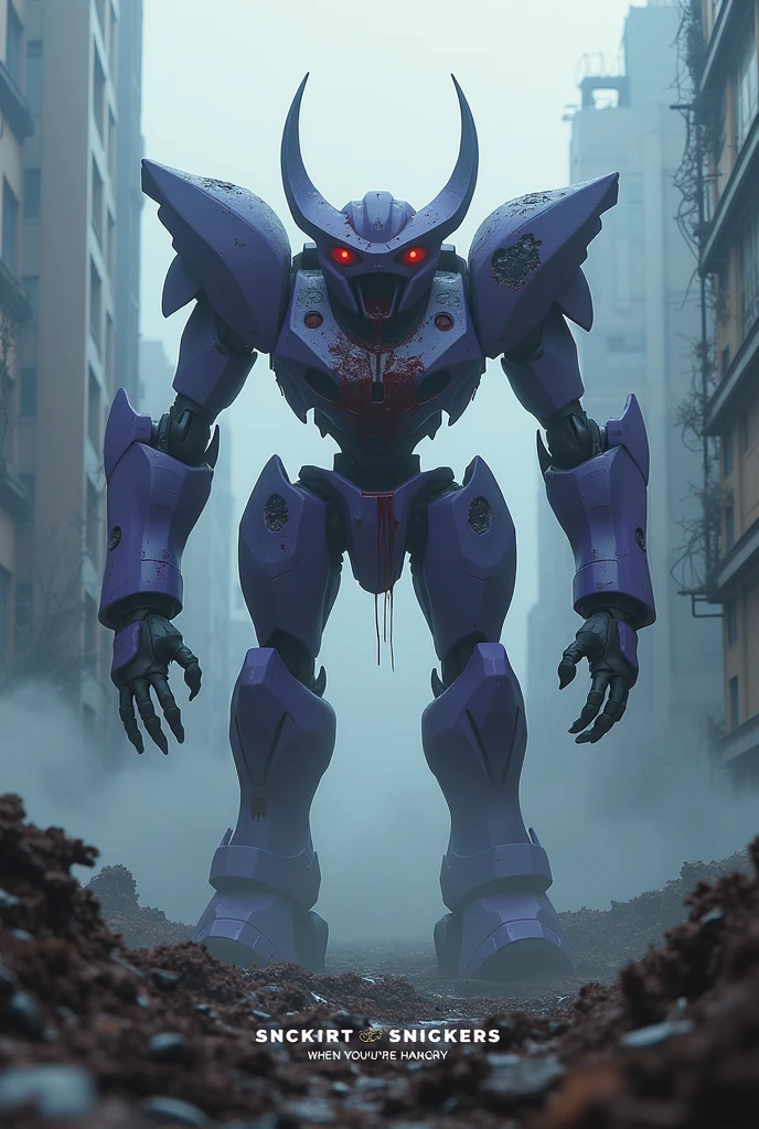 Evangellion, battle damaged Purple Eva (battle damaged and bleeding blood running from open mouth) shambling out of a mysterious fog, ruins of Neo Tokyo 'You aren't you when your hangry' Written in clear letters across the bottom. 'SNICKERS" written clear across the top
