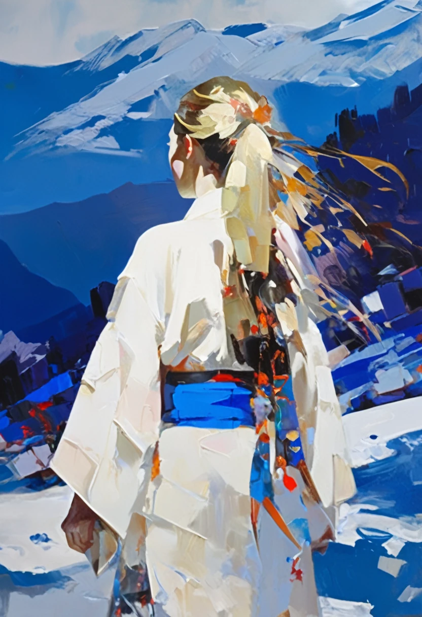 in snow mountains, The weather in the mountains is a blizzard、Painting of a female monster with long hair、Wearing a white kimono、Painting of a female monster with a blue face、A painting of a female demon directing your path、darkness、wind and snow、dark sky, Low light、snow、A beautiful female demon appears in the snowstorm and kills people who get lost.、Black mountain range background、Night mountain background、intricate and intense Oil paints, Abstract Painting, intricate Oil paintsing artwork, Vadim Kashin、Realistic, gives the viewer a detailed impact, a portrait painted with oil paint, , intricate and wet Oil paints, Oil paints, New art beyond dimensions, ryan hewett、bichu、oil paintin、A three-dimensional painting、super masterpiece、Ultra high definition、vivid colors、