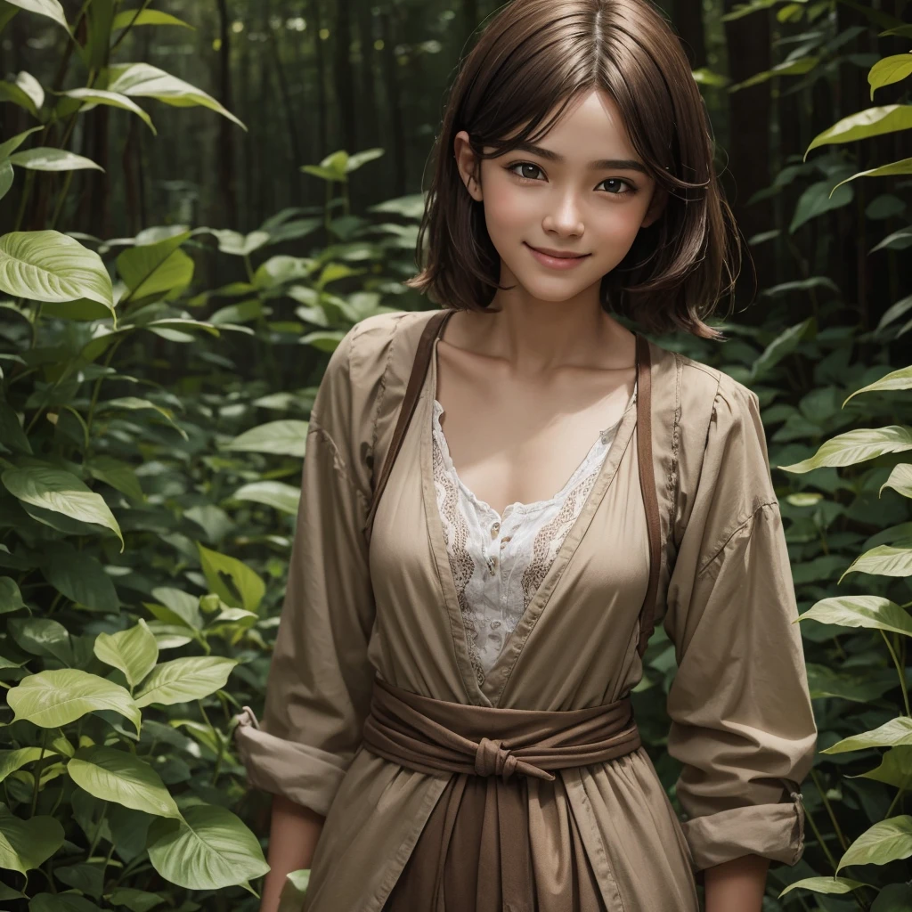 "Depiction of only one medieval-style female character. Focus on face only, not below chest. Facial expression: wide-eyed in surprise, with an attractive smile. Hair short and not reaching past shoulders. Young appearance, appears to be in her late teens, but is in fact 30. Has a bright, lively attitude, with an energetic, cheerful expression. Androgynous face, boyish vibe. Hair short and practical, a natural brown colour. Slim, with small chest and short stature. Clothing practical, resembling that of a country boy, consisting of a simple shirt, with a natural earth colour palette. Background: lush forest, with heavily blurred background."