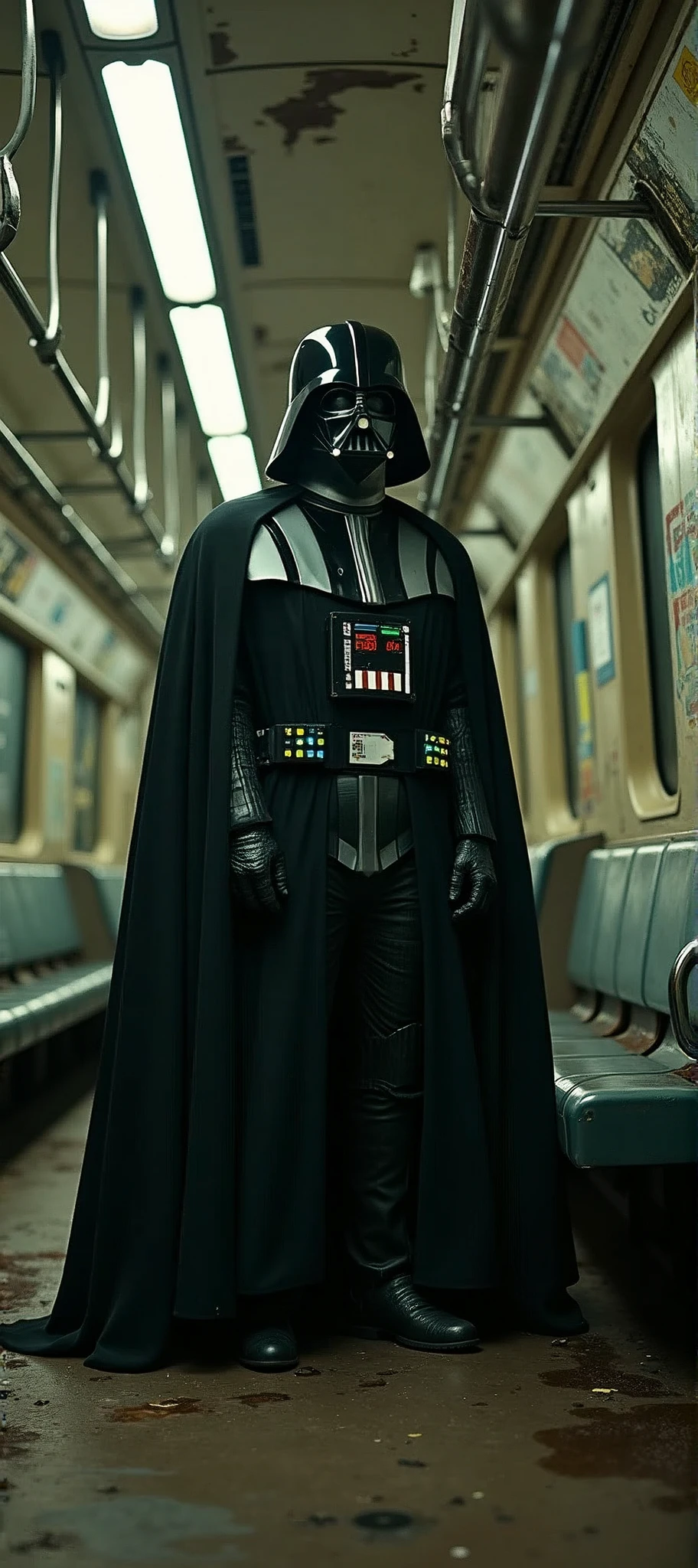 A gritty, award-winning photograph of Darth Vader sitting in a dirty New York subway. The image features a strong vignette effect and a grainy texture, giving it a vintage, cinematic quality. The scene is captured with a Leica M6 camera paired with a Summicron 35mm f/2 lens, known for its sharpness and unique bokeh. The image highlights the contrast between the dark, imposing figure of Vader and the worn, grimy subway setting, creating a surreal, iconic moment 