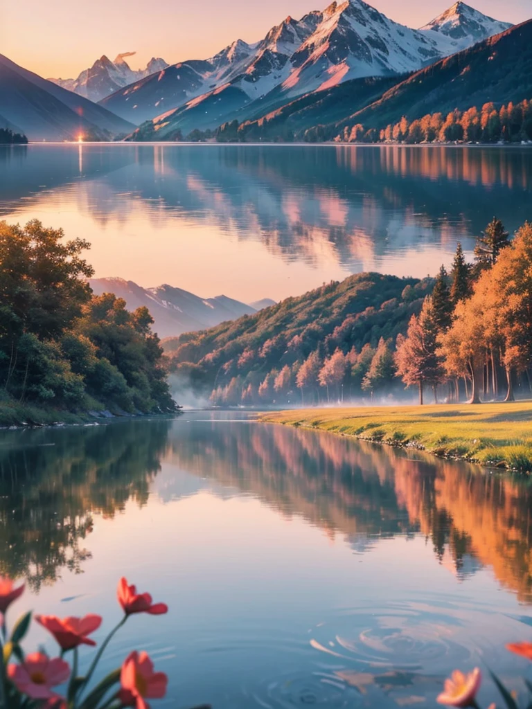 Here's a detailed prompt for generating AI images of beautiful scenery:
"Create a serene landscape featuring a tranquil lake surrounded by lush green forests. The scene is set at dawn, with the first light of the sun casting a golden glow on the water. Mist gently rises from the lake, adding a mystical atmosphere. In the background, towering snow-capped mountains provide a majestic backdrop, while a few scattered wildflowers bloom near the water's edge. The sky is painted in soft hues of pink, orange, and purple, reflecting off the calm surface of the lake. The overall mood is peaceful and awe-inspiring."