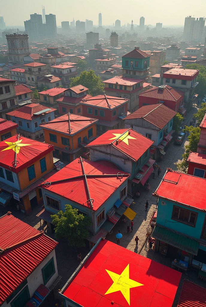 Roofs of some buildings in the city are painted red yellow Vietnamese flag.