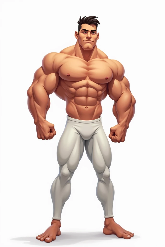 Caricature of a handsome muscular man, cartoonishbut realistic, neutral face, shirtless, larger chest, white background, white pandex pants
