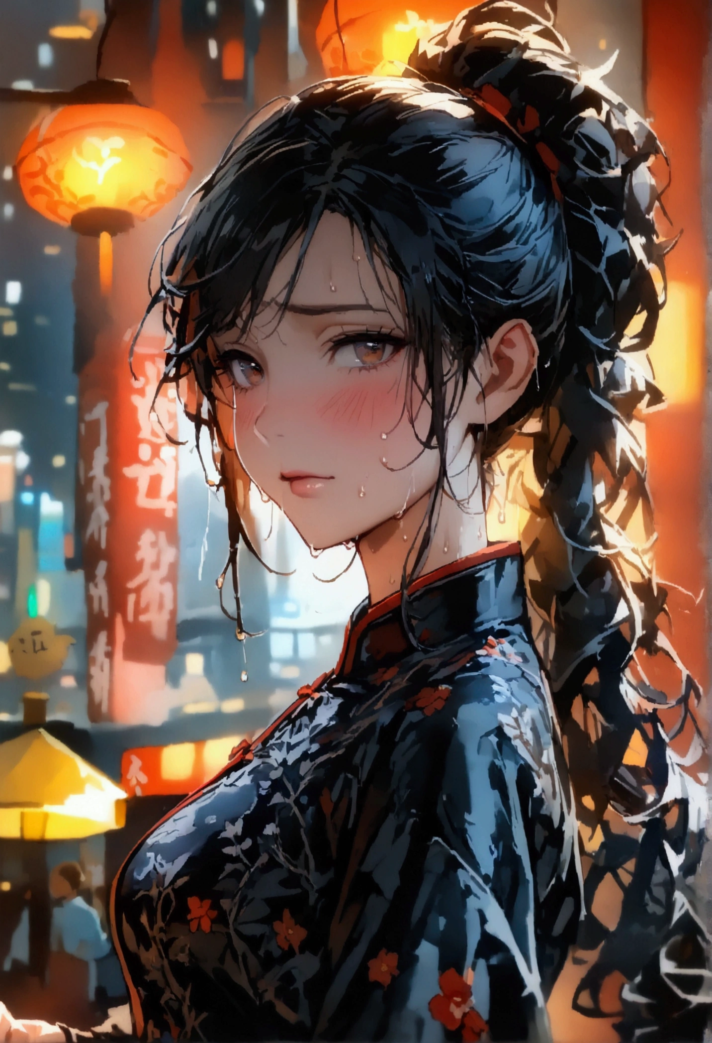 Double ponytail hair、Exquisite black cheongsam, She looks about 18 years old., (beautiful girl: 1.3),best quality,8k,Highly detailed CG unit wallpaper,masterpiece:1.2,Top quality,Ultra-high resolution,RAW photos,Real texture skin,Cinema Lighting,Awkward,blush, steam,wet,Sweat,Wet eyes,Weak,megabuildings,City,This girl is a delivery girl delivering Chinese food to customers.,,烹饪产生的蒸steam,,,Large target, round, Beautifully shaped buttocks,,((Buttock posture)),