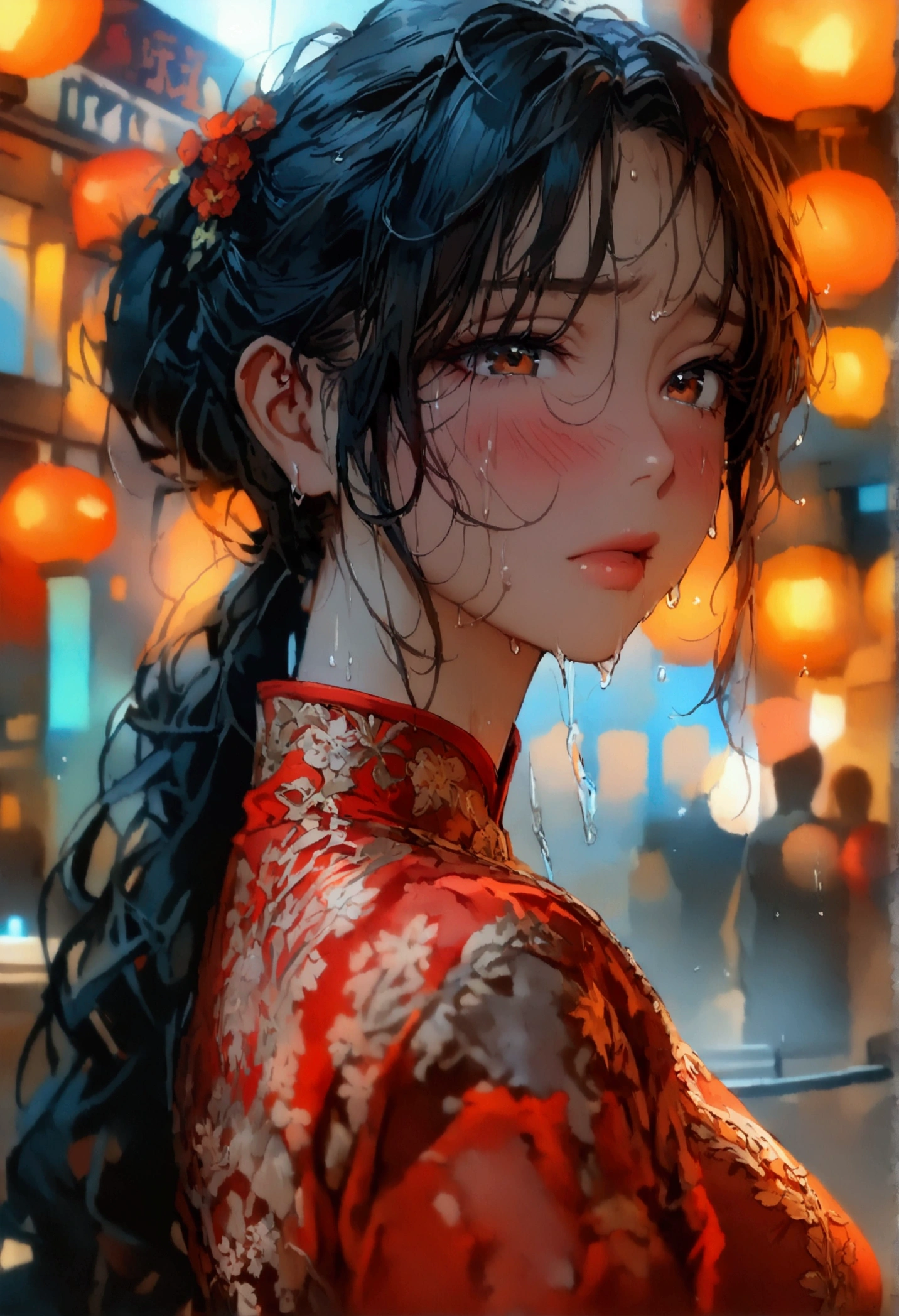 Double ponytail hair、Exquisite black cheongsam, She looks about 18 years old., (beautiful girl: 1.3),best quality,8k,Highly detailed CG unit wallpaper,masterpiece:1.2,Top quality,Ultra-high resolution,RAW photos,Real texture skin,Cinema Lighting,Awkward,blush, steam,wet,Sweat,Wet eyes,Weak,megabuildings,City,This girl is a delivery girl delivering Chinese food to customers.,,烹饪产生的蒸steam,,,Large target, round, Beautifully shaped buttocks,,((Buttock posture)),