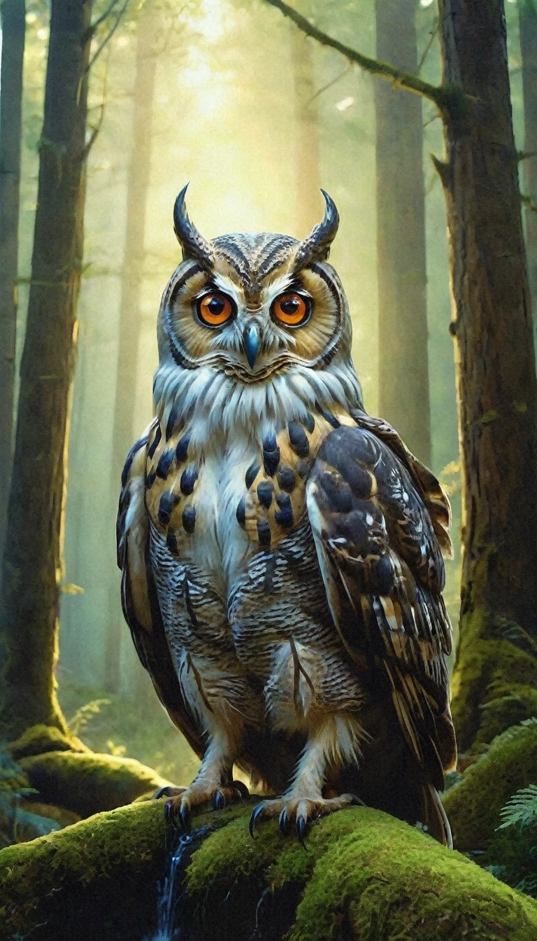 In the mountains and forests，A fantasy creature with four eyes and a human face fused with an owl&#39;s body(best quality，4K，8k，High level，masterpiece：1.2），Ultra Detailed，（lifelike，Photo real，Photo real：1.37），Highly detailed animals，Complex patterns，Realistic lighting