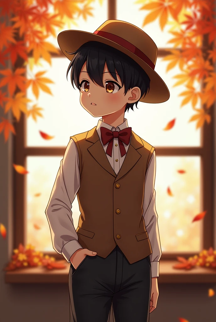 solo,black hair,1boy,hat,bow,male focus,pants,bowtie,vest,window,leaf,hand in pocket,autumn leaves,male child,Realistic photos, high quality